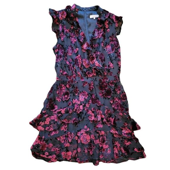 Parker Dress Women's 4 Black Floral Mini Velvet Burnout Ruffle Sparkle - Picture 1 of 6